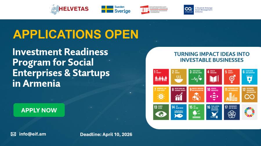 «Ձեռնարկությունների ինկուբատոր» հիմնադրամը (EIF), համագործակցելով C-QUADRAT Ampega Asset Management Armenia-ի հետ և RECONOMY (Sida / Helvetas) համաֆինանսավորմամբ, մեկնարկում է նոր ծրագիր՝ վաղ փուլում գտնվող այն ստարտափների համար, որոնք ունեն սոցիալական և բնապահպանական չափելի ազդեցություն։